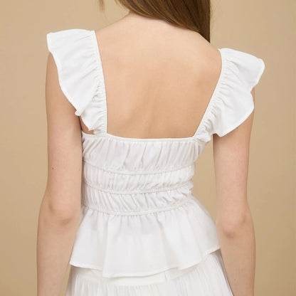 Ruffle Trim Front Tie Shirred Waist Blouse