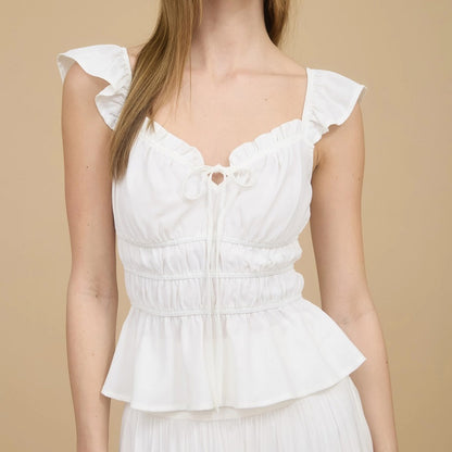 Ruffle Trim Front Tie Shirred Waist Blouse