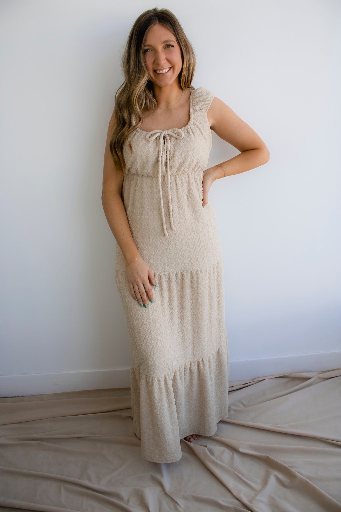 Front Tie Cap Sleeve Tiered Dress