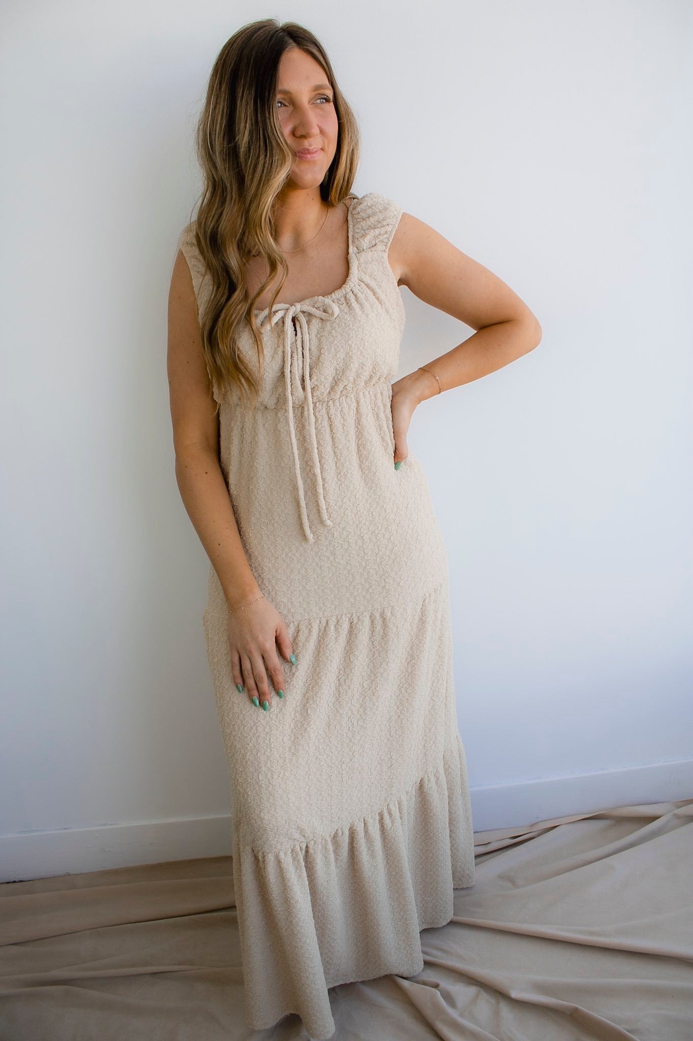 Front Tie Cap Sleeve Tiered Dress