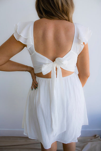 Ruffle Sleeve Back Tie Solid Mini Dress