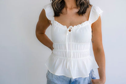 Ruffle Trim Front Tie Shirred Waist Blouse