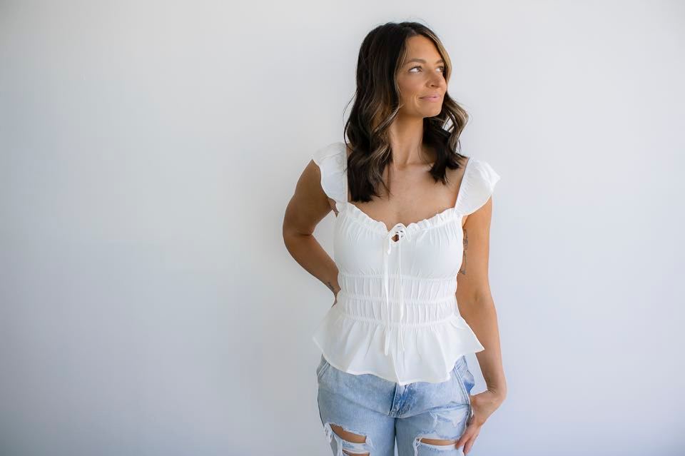 Ruffle Trim Front Tie Shirred Waist Blouse